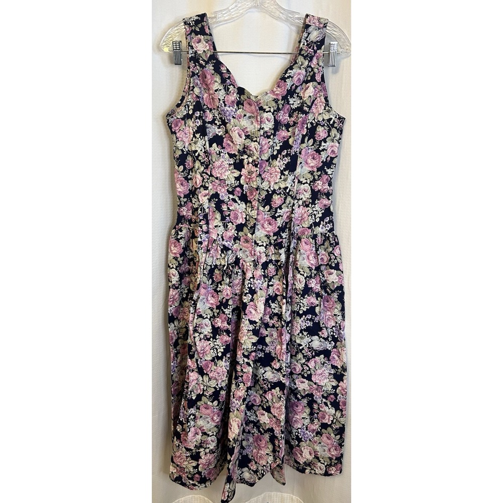 VTG 90s Navy Blue Floral Sundress Womens 13/14 Cottagecore